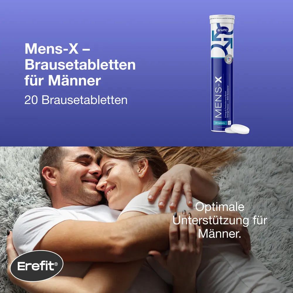 Erefit Mens-X Tube und Brausetabletten. Mann und Frau im Bett. Text: Mens-X Brausetabletten für Männer.