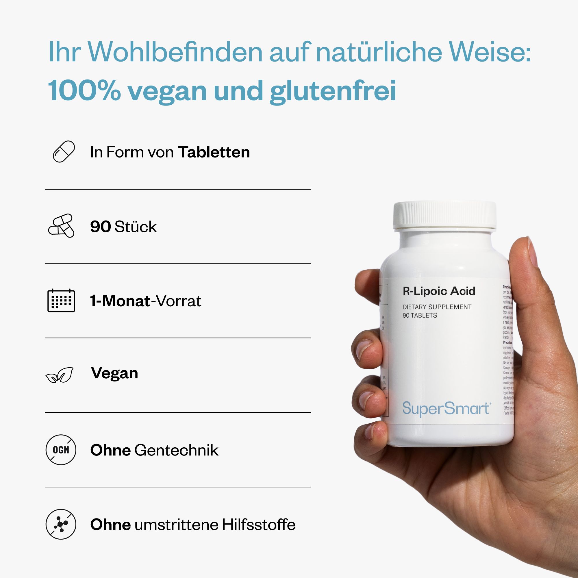 Hand hält weiße Flasche R-Liponsäure Tabletten. Text: 100% vegan und glutenfrei, 90 Stück, 1-Monats-Vorrat. SuperSmart-Logo.