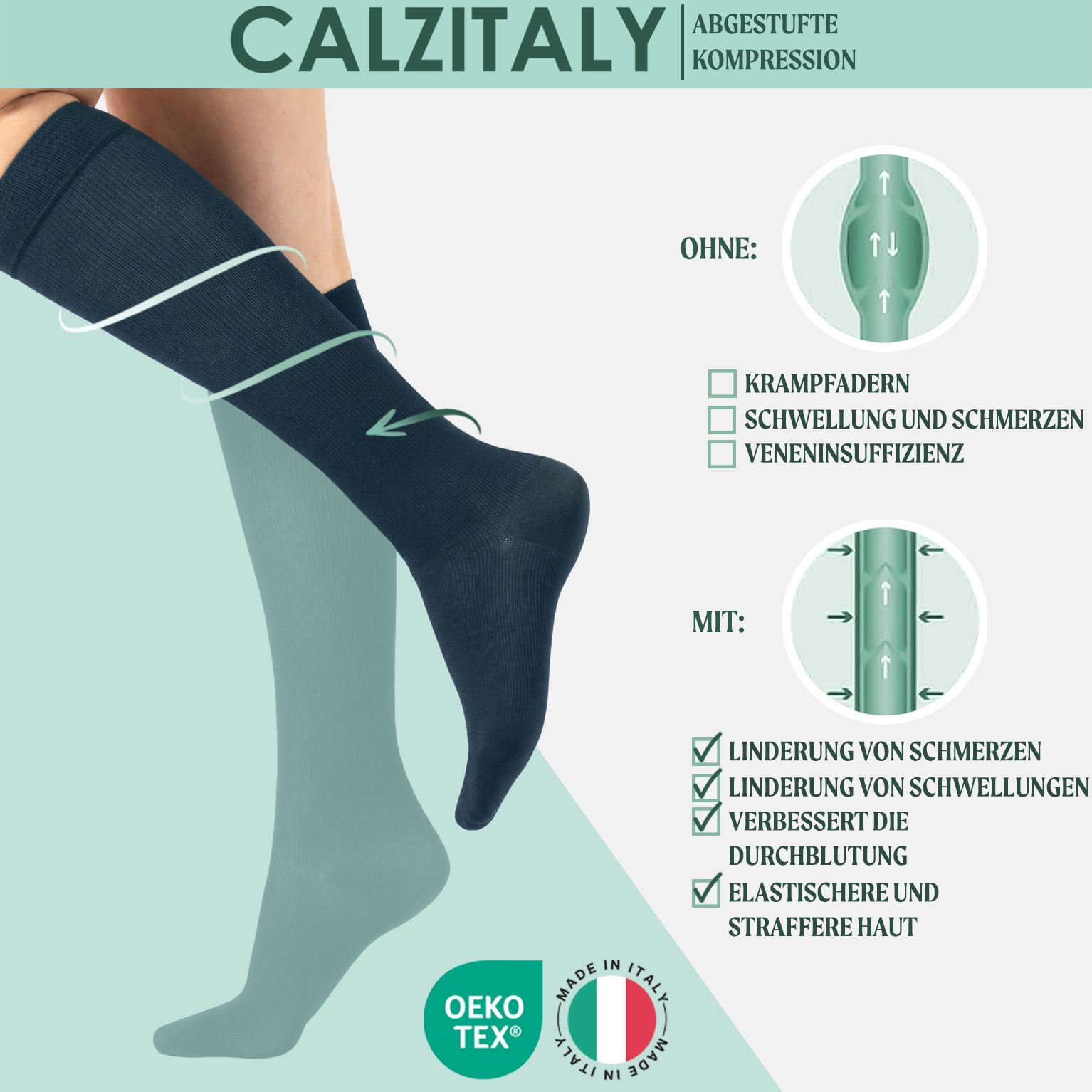 CALZITALY Unisex Kniestrümpfe aus Baumwolle Abgestufter Kompression 14-16 mm/Hg Made in Italy