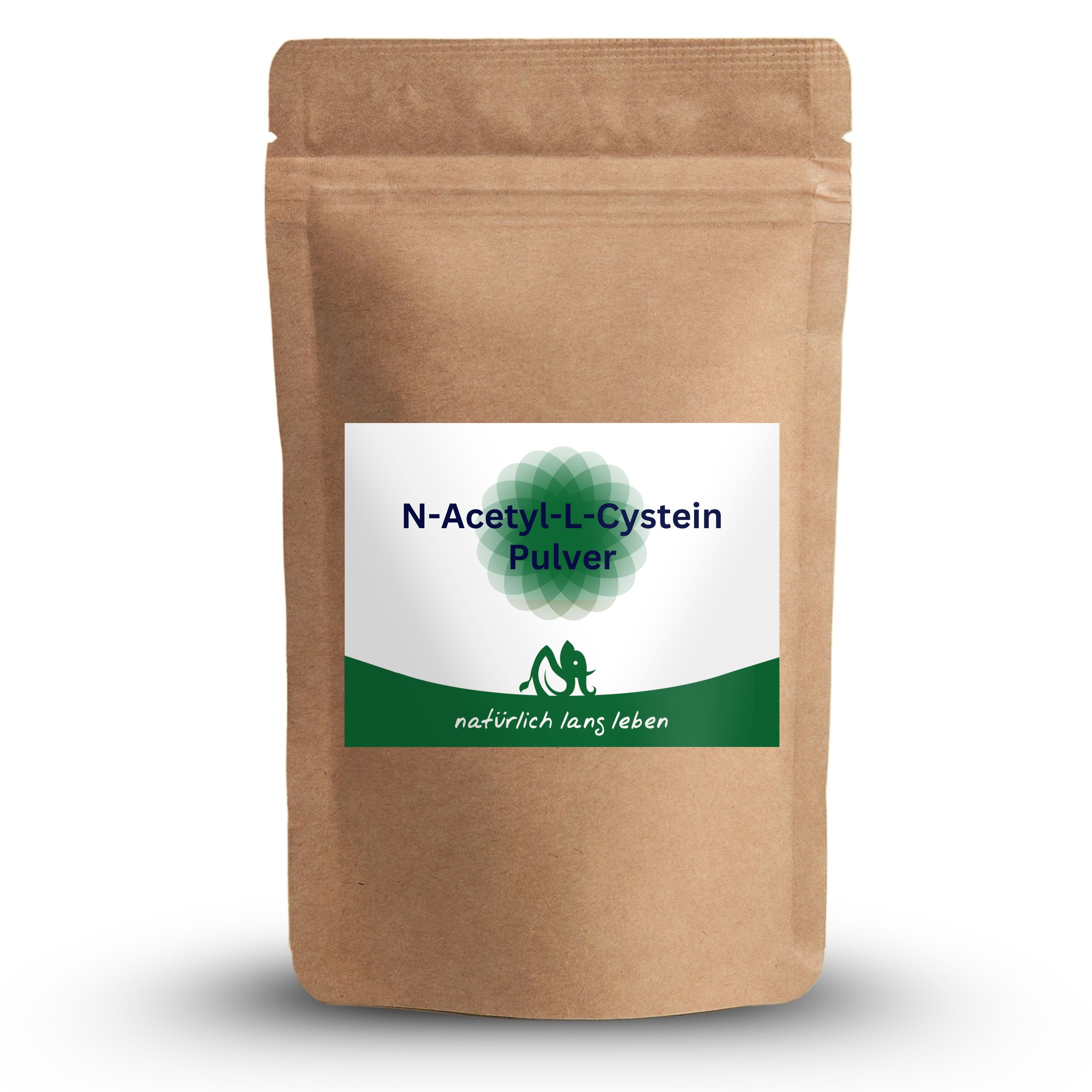 Braune Tüte mit weißem Etikett. Aufschrift: N-Acetyl-L-Cystein Pulver. Logo und Schriftzug: natürlich lang leben.