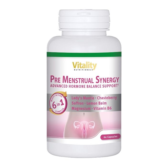 Weiße Flasche mit Kapseln. Aufschrift: Pre Menstrual Synergy, 6 in 1 Komplex, Inhaltsstoffe. 60 Kapseln.