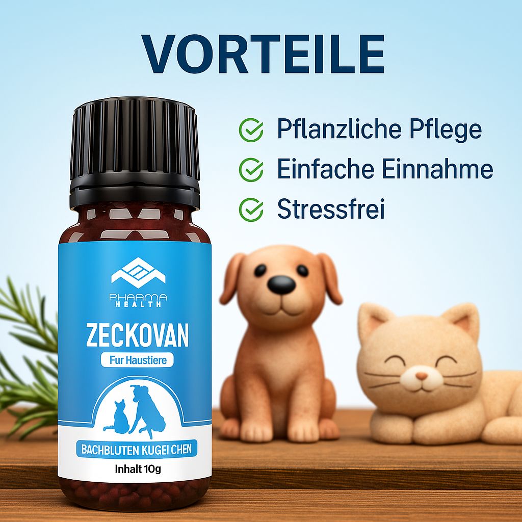 Braune Glasflasche mit schwarzem Deckel. Blaues Etikett mit Logo, Produktname Zeckovan, und Text "Für Haustiere". Spielzeug-Hund und Katze.