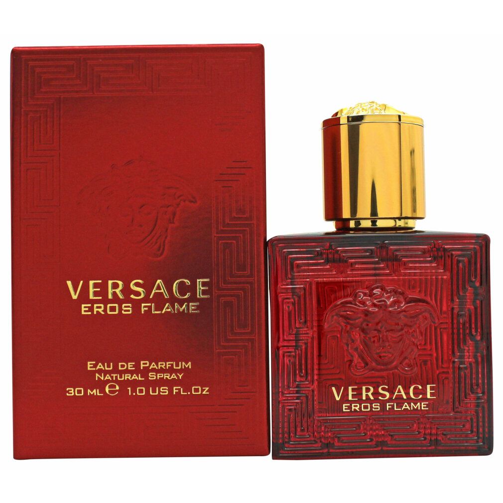 Roter Flakon und Verpackung. Goldener Deckel. Aufschrift: Versace Eros Flame. 30 ml.