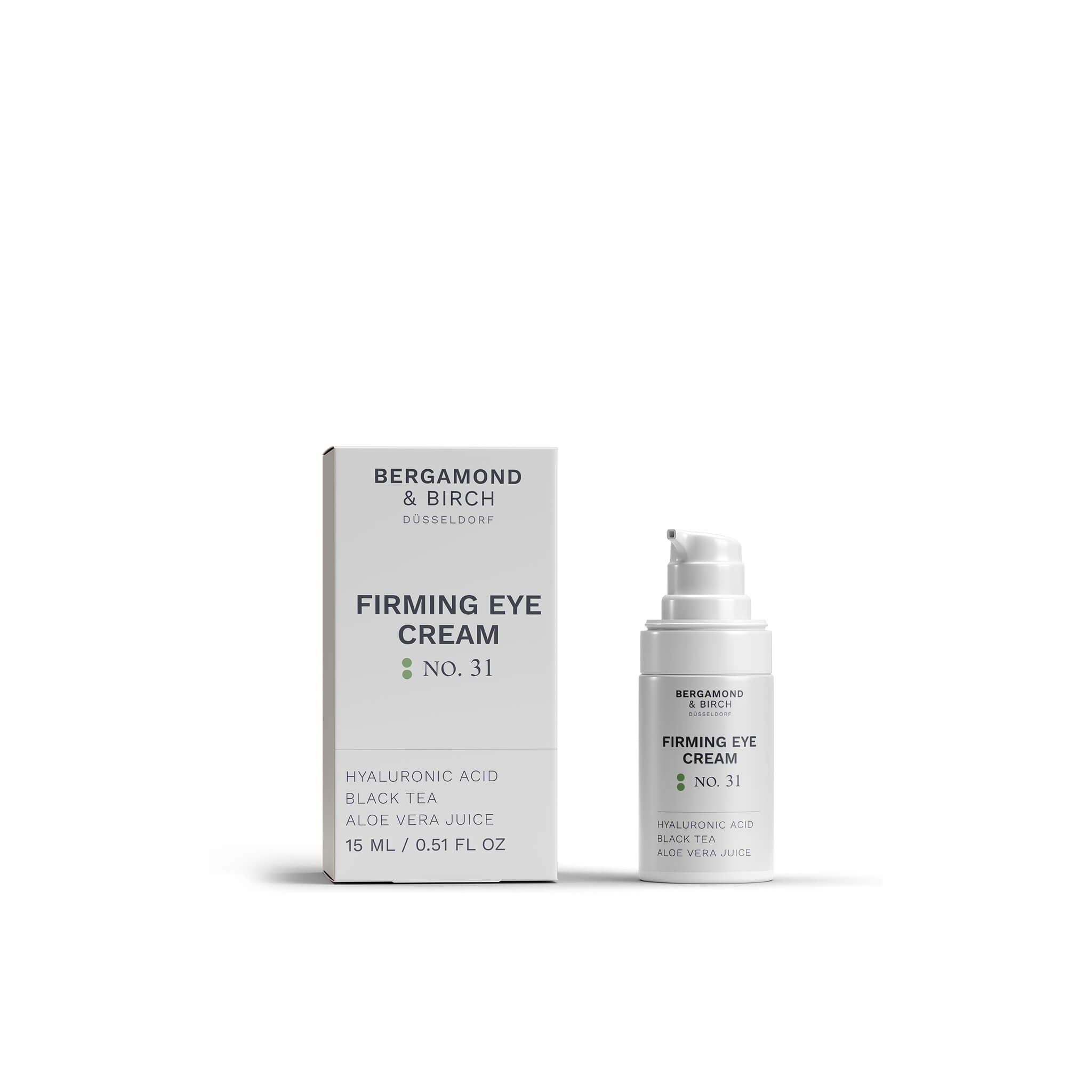 Produkt BERGAMOND & BIRCH Optaré No. 31 – Firming Eye Cream. Flasche und Schachtel.