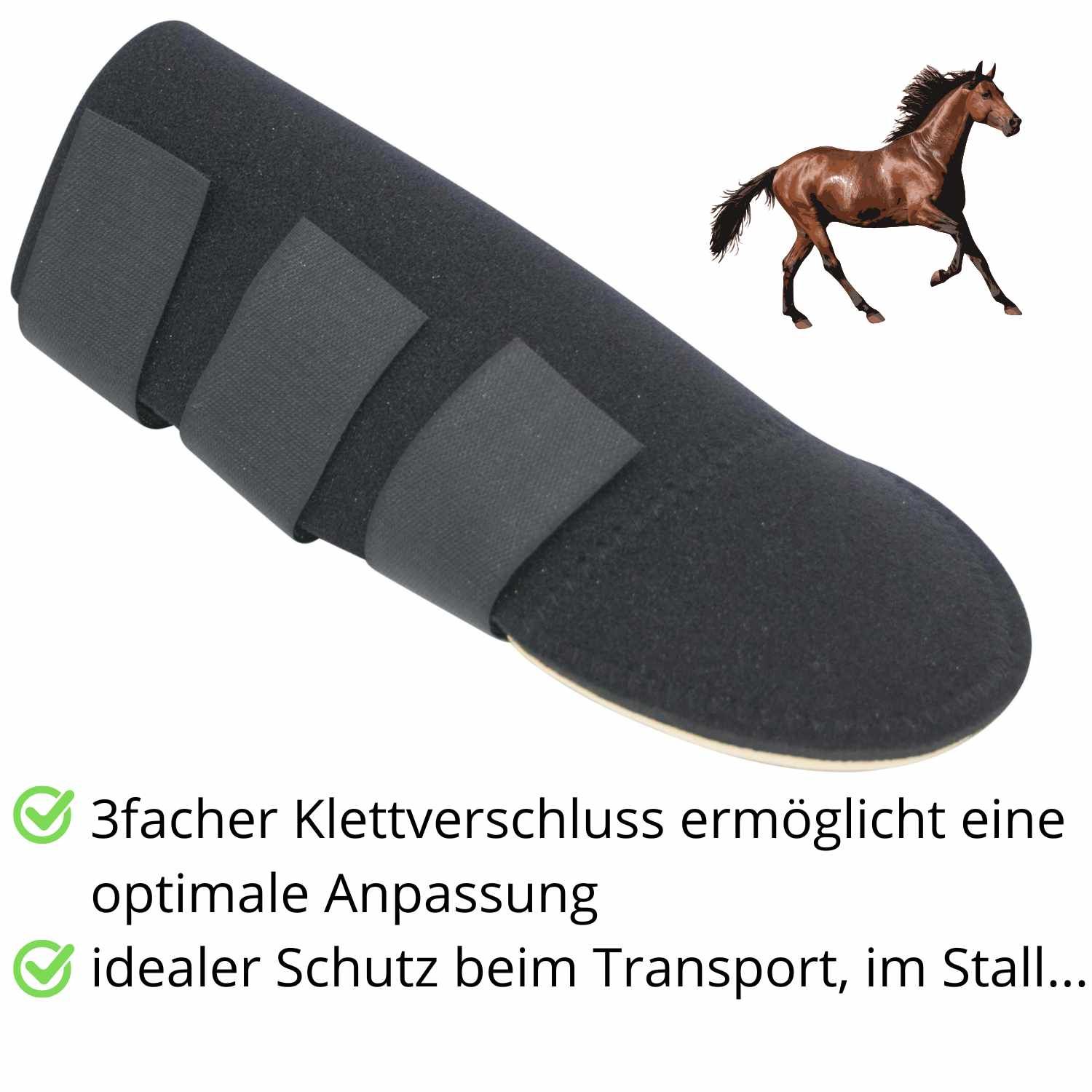 Schwarzer Schweifschoner mit drei Klettverschlüssen. Text: '3facher Klettverschluss ermöglicht eine optimale Anpassung', 'idealer Schutz beim Transport'.