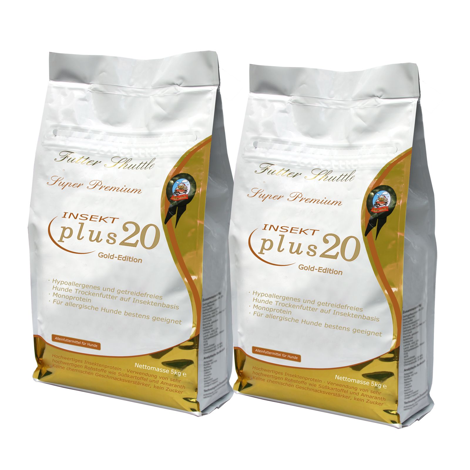 Zwei Beutel Trockenfutter für Hunde. Aufschrift: INSEKT plus 20 Gold-Edition. Hypoallergen, auf Insektenbasis.