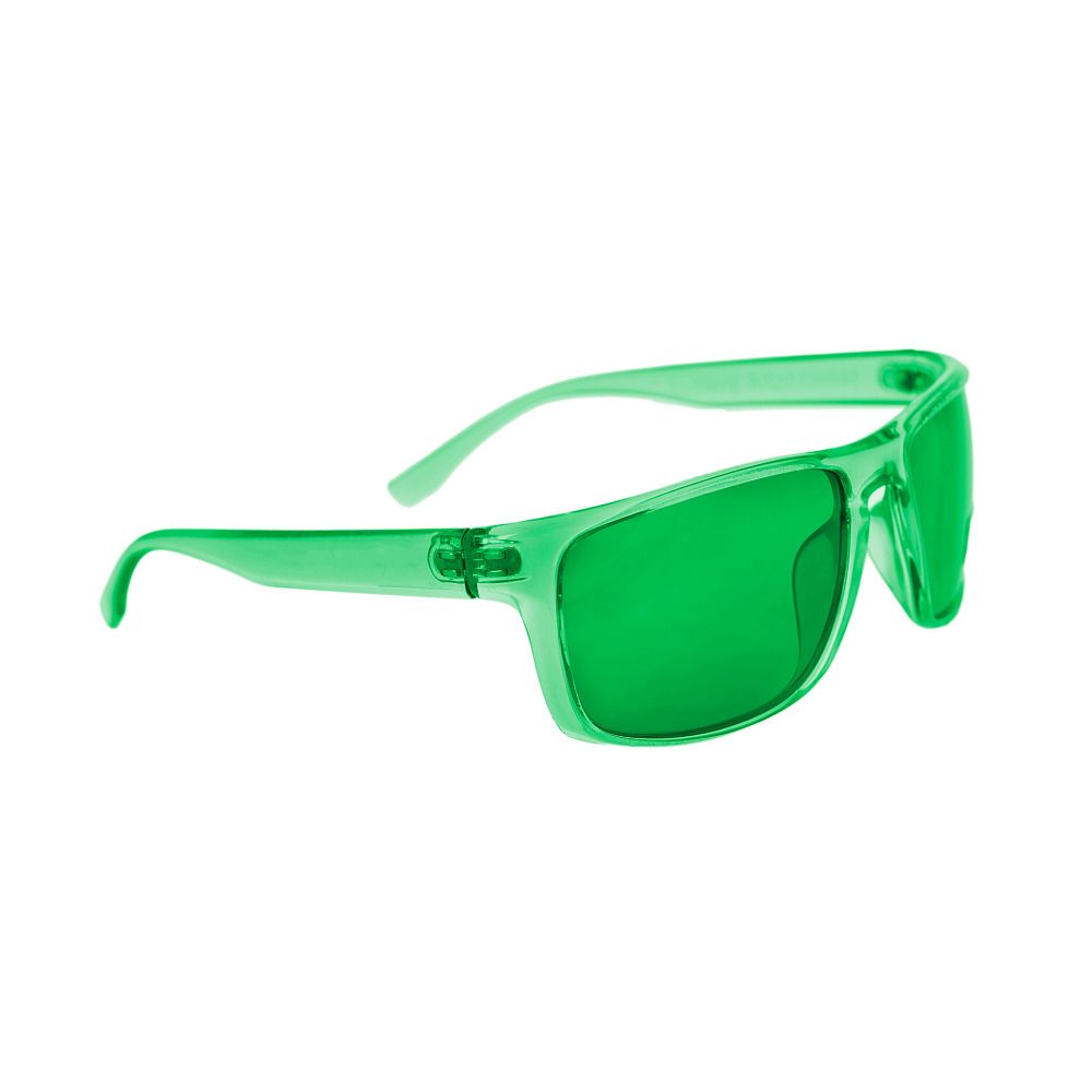 Grüne Brille mit rechteckigen Gläsern. Kunststoffrahmen.