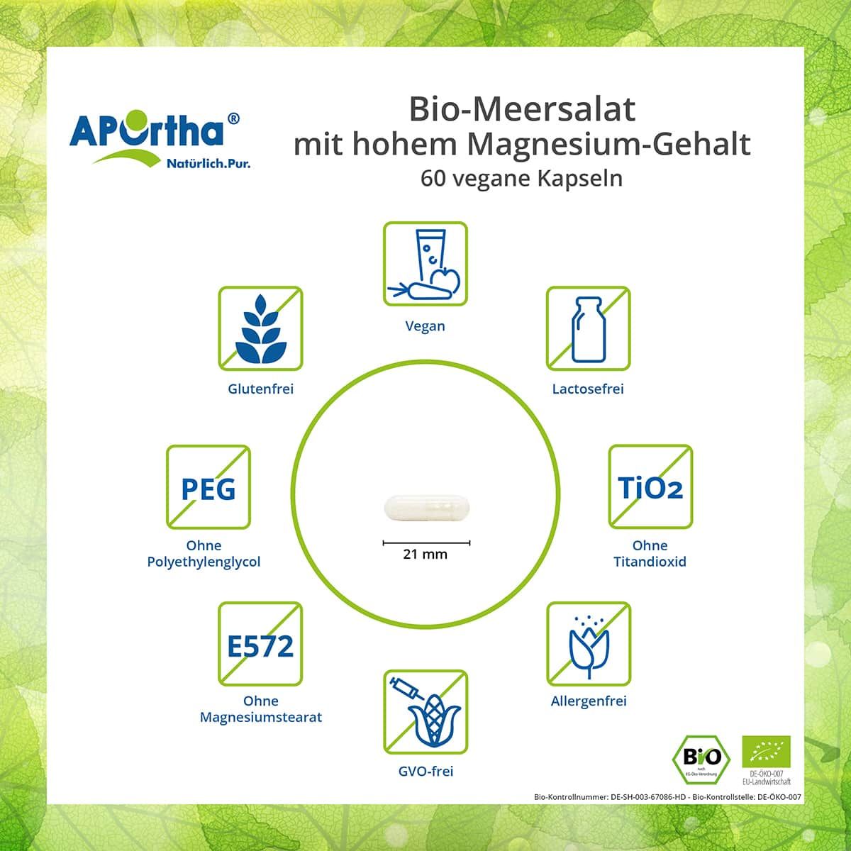 Infografik mit einer Kapsel und Symbolen. APOrtha® Bio-Meersalat Kapsel, 21 mm. Vegan, glutenfrei, laktosefrei, ohne PEG, TiO2, E572, GVO-frei.
