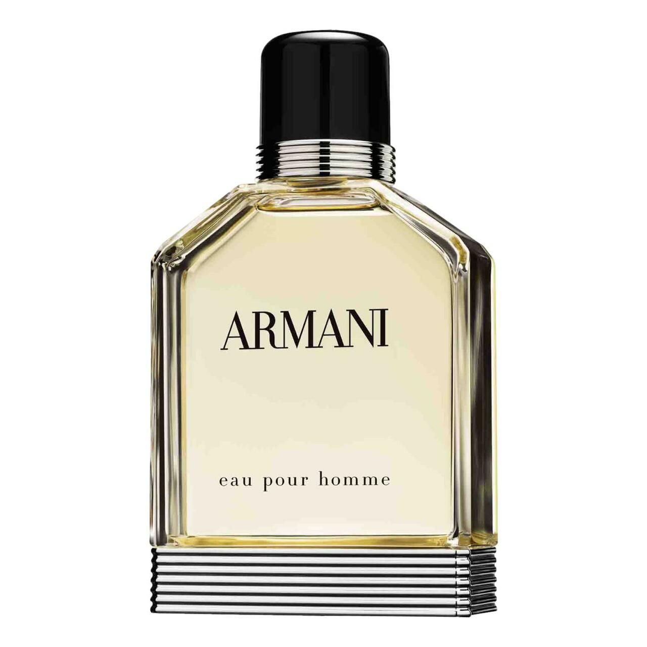 Giorgio Armani Eau pour Homme. Eckige Glasflasche mit schwarzem Verschluss. Silberne und schwarze Streifen am Boden. Schriftzug Armani und eau pour homme.
