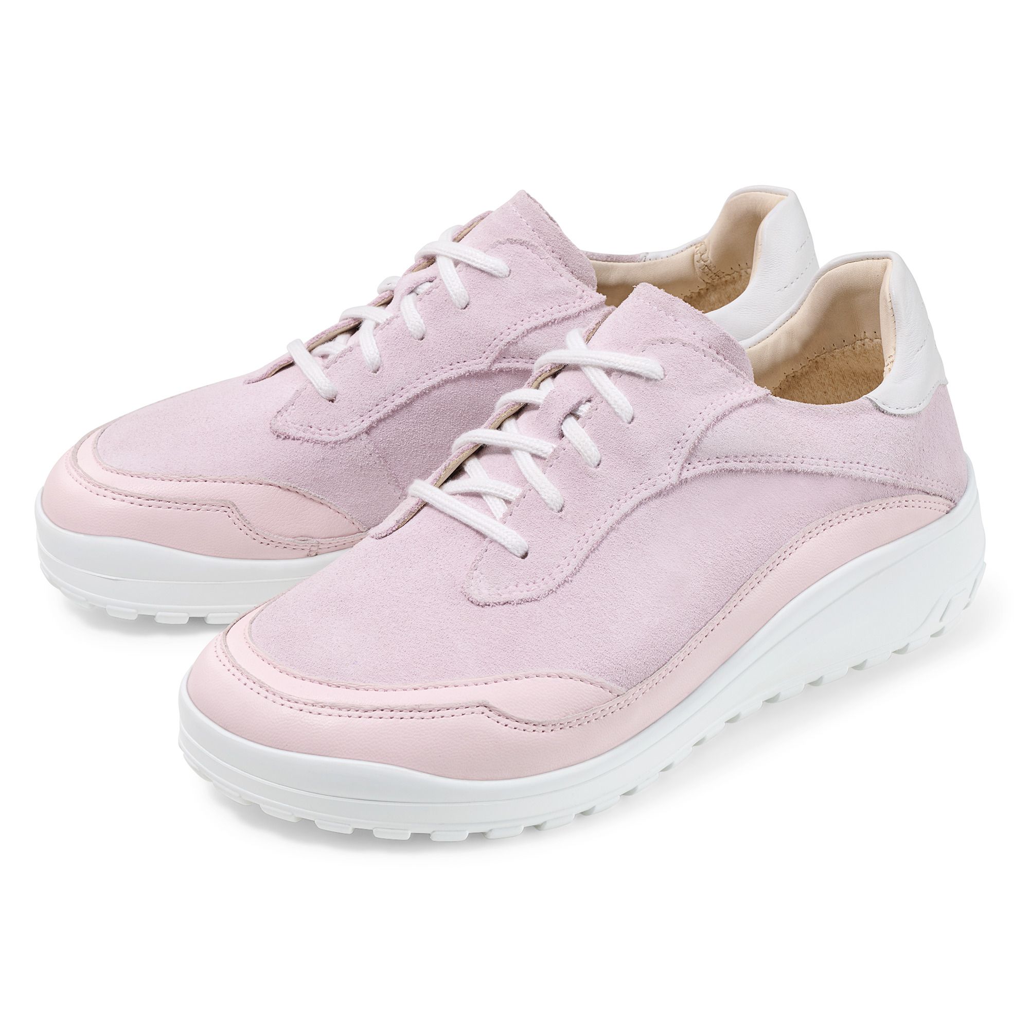 Rosa Damen-Schnürschuhe aus Wildleder mit weißer Sohle und Schnürung.