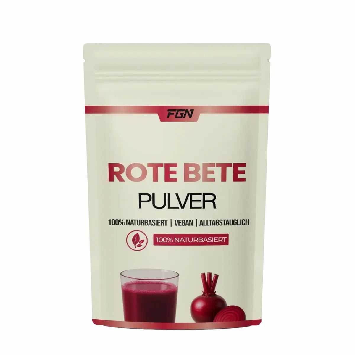 FGN Rote Bete Pulver in Beutelverpackung, mit Glas Rote Bete Saft und frischer Rote Bete. 100% naturbasiert.