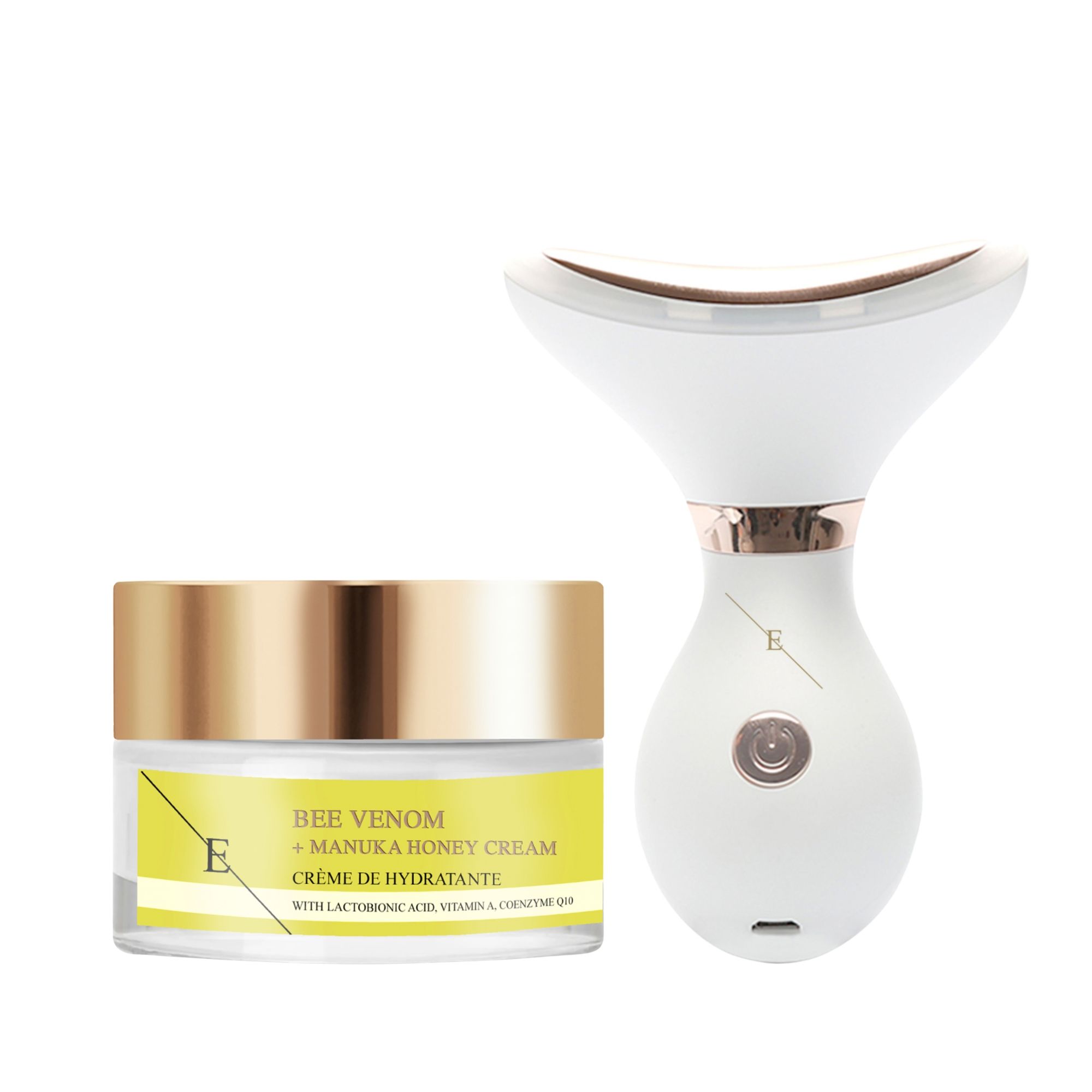 Weißes Hautpflegegerät mit goldenen Akzenten neben einem Glas Bee Venom + Manuka Honey Cream.