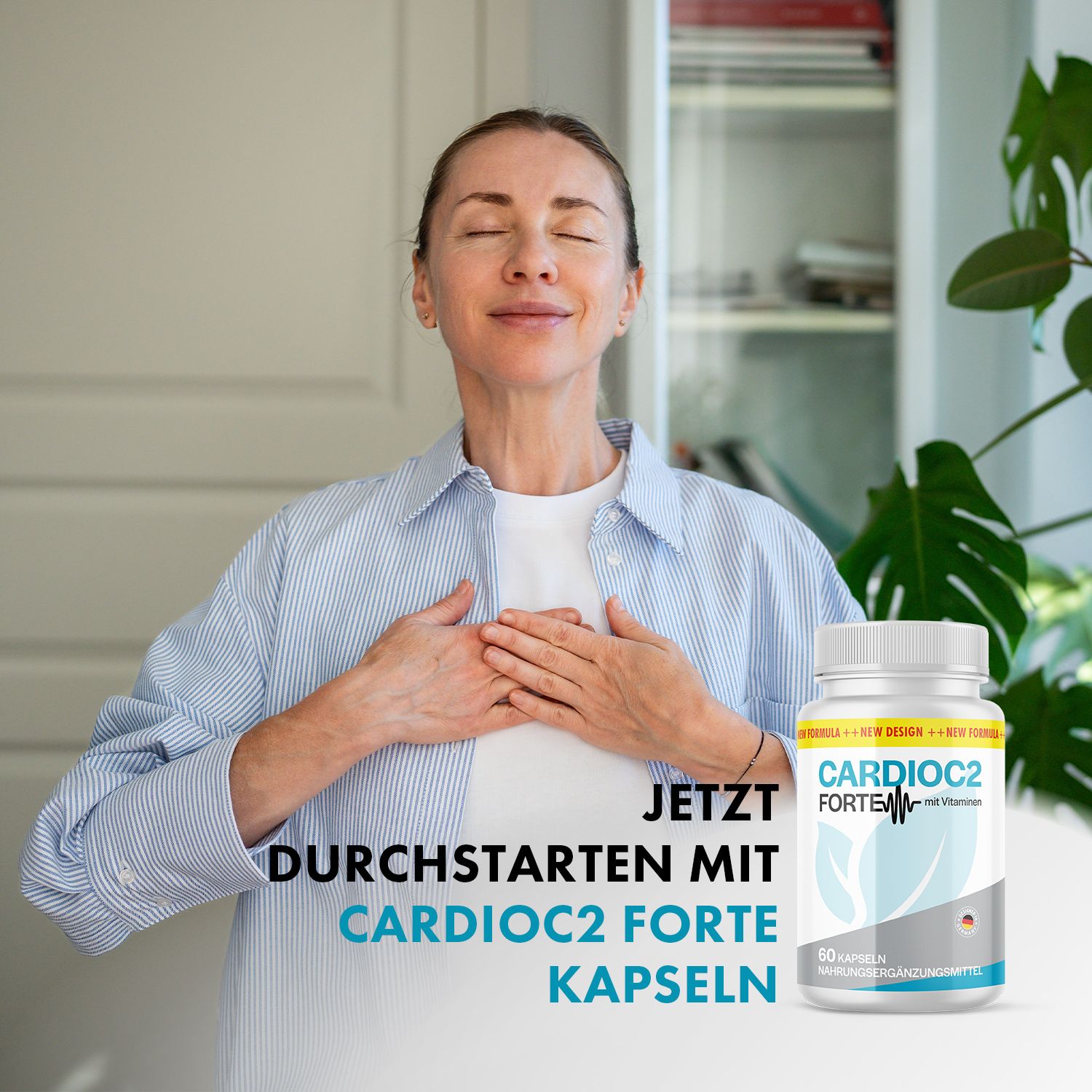 Frau mit geschlossenen Augen hält Hände auf Brust. Aufschrift: CARDIOC2 FORTE Kapseln. Weiße Flasche mit gelbem Etikett.