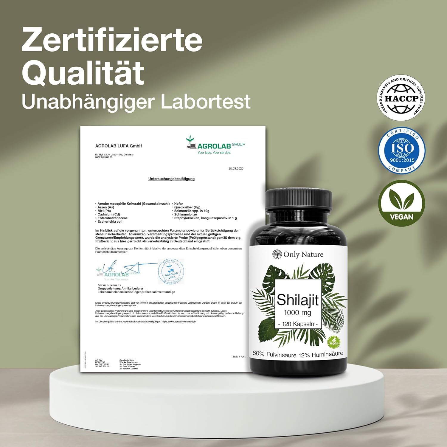 Flasche mit Etikett, Zertifikat, Siegel. Text: Zertifizierte Qualität. Unabhängiger Labortest. Vegan-Siegel.