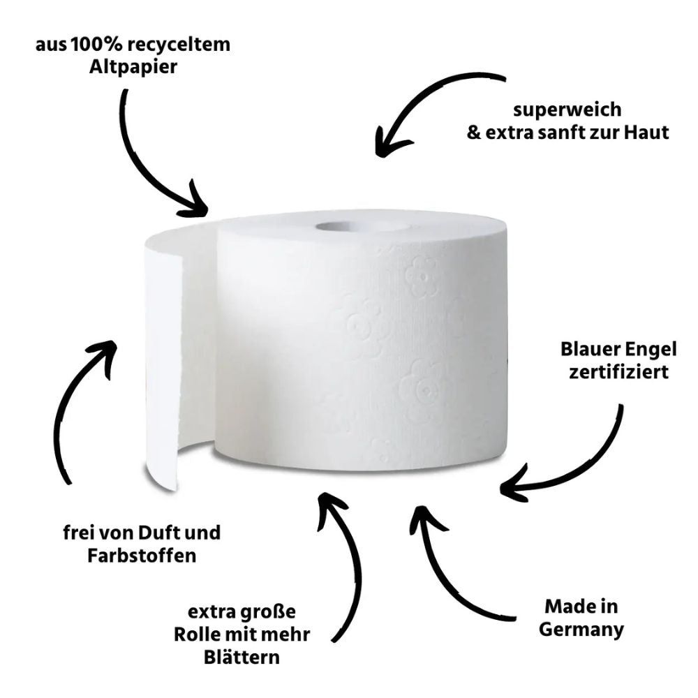 Toilettenpapierrolle mit Text: 'aus 100% recyceltem Altpapier', 'Blauer Engel zertifiziert', 'extra große Rolle'.