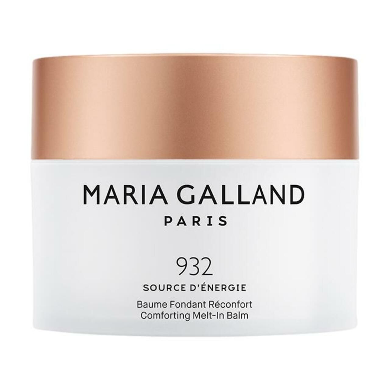 Weißer Tiegel mit kupferfarbenem Deckel. Aufschrift: MARIA GALLAND PARIS, 932, SOURCE D'ÉNERGIE, Baume Fondant Réconfort, Comforting Melt-In Balm.