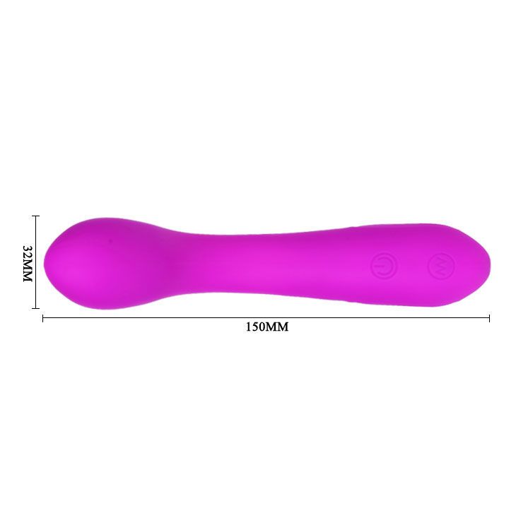 Lila Vibrator. Abmessungen: 150mm lang, 32mm breit. Drei Knöpfe. Glatte Oberfläche.