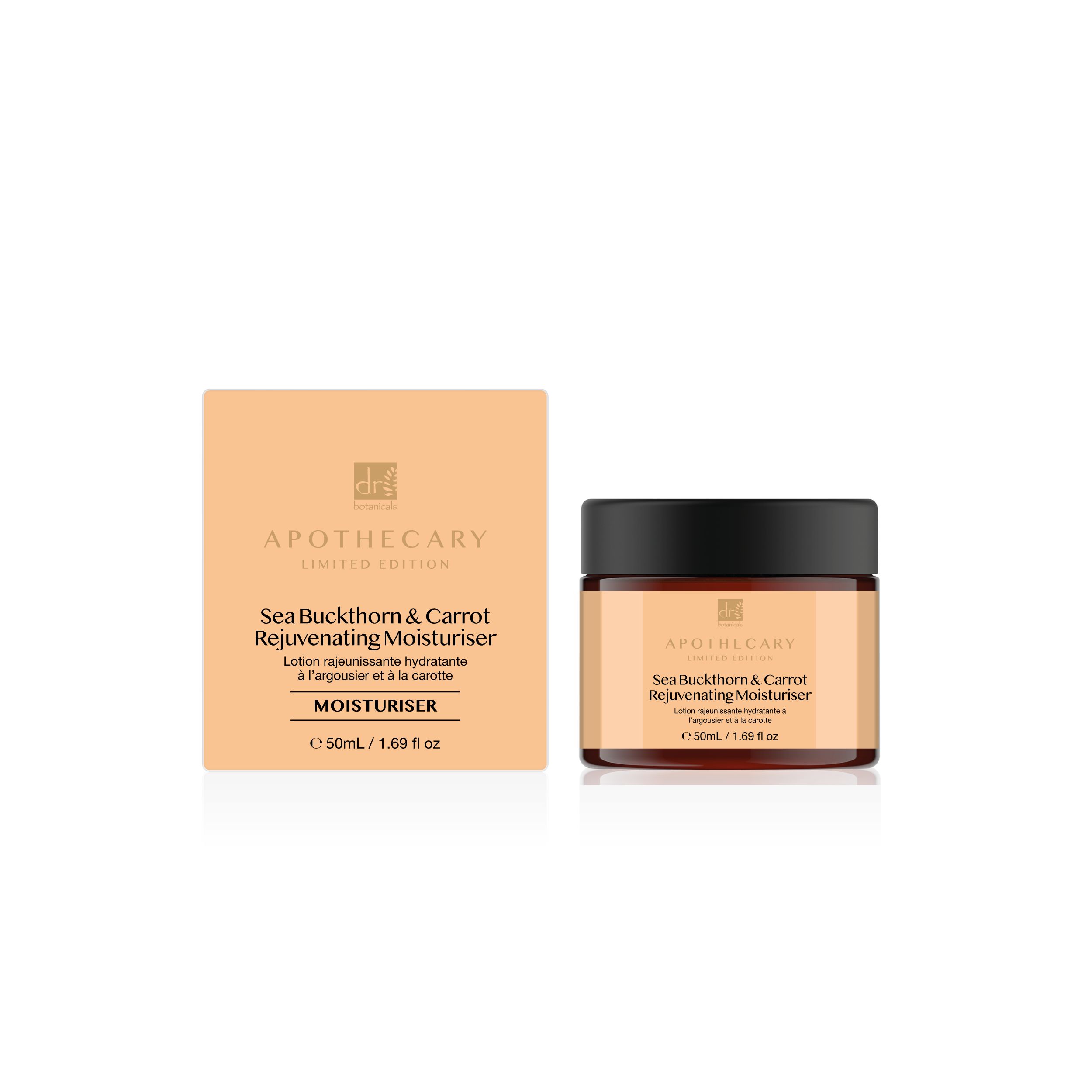Creme-Tiegel und Karton. Aufschrift: Sea Buckthorn & Carrot Rejuvenating Moisturiser. Schwarzer Deckel, beigefarbene Verpackung.