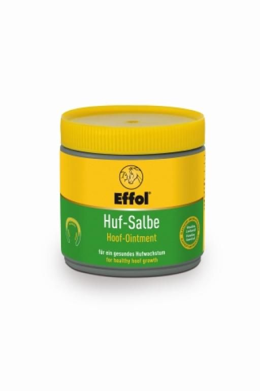 Runde Dose mit gelbem Deckel und Etikett. Aufschrift: Effol Huf-Salbe. Grün-gelbe Farbgebung.