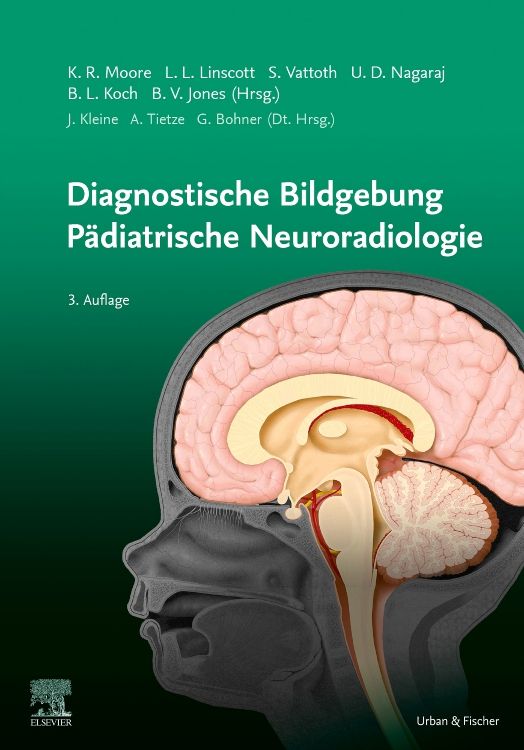Buchcover mit Titel: Diagnostische Bildgebung Pädiatrische Neuroradiologie. Abbildung eines Gehirns. Autorennamen und Verlagslogo.