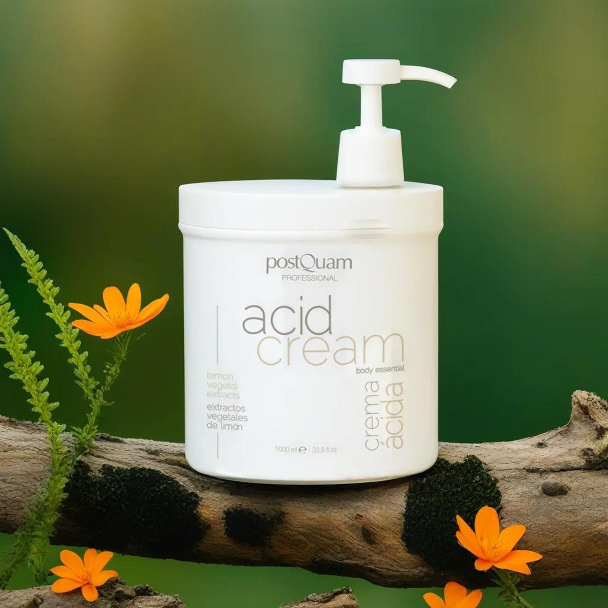 Weißer Behälter mit Pumpe auf einem Ast. Aufschrift: "acid cream". Zusätzliche Texte: "lemon vegetal extracts", "extractos vegetales de limón".