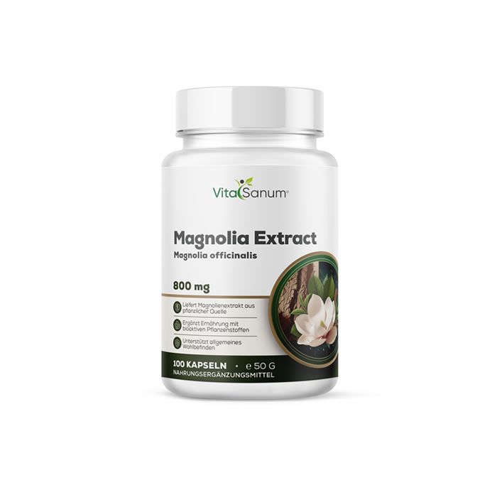 Weiße Flasche VitaSanum Magnolia Extract. Aufschrift: 800 mg, 100 Kapseln. Abbildung einer Magnolienblüte.