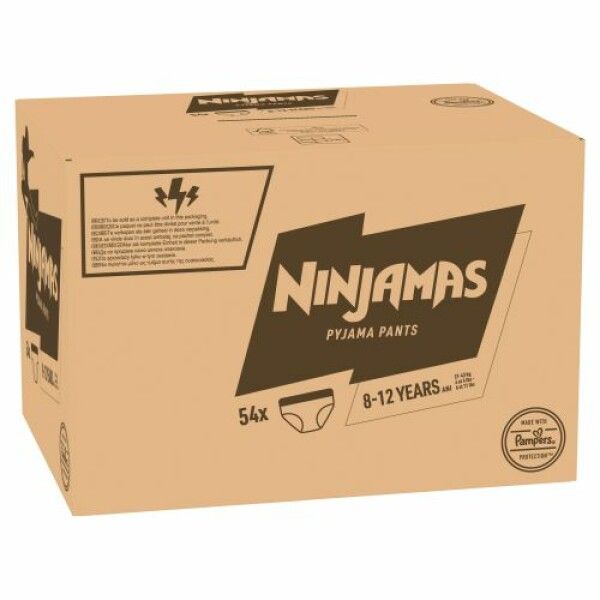 Braune Kartonverpackung mit Ninjamas Pyjama Pants. Aufdruck: 8-12 Jahre, 54 Stück. Logo: Pampers. Text: Hergestellt mit Pampers Protection.