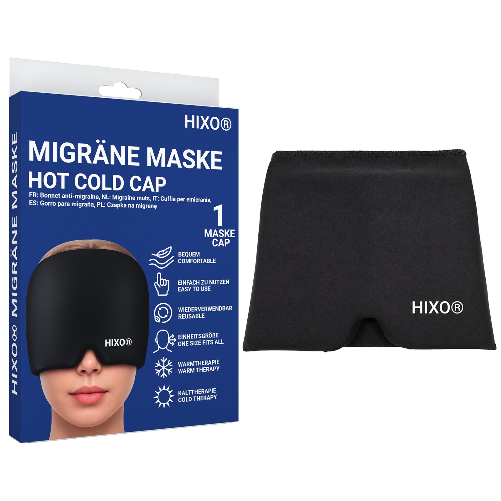 HIXO Migräne Maske Hot Cold Cap Verpackung und einzelnes schwarzes Masken-Cover.