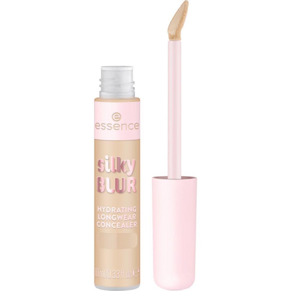 Concealer-Tube mit rosa Kappe und Applikator. Aufschrift: Silky Blur, Hydrating Longwear Concealer. Marke: Essence. Farbton: hellbeige.