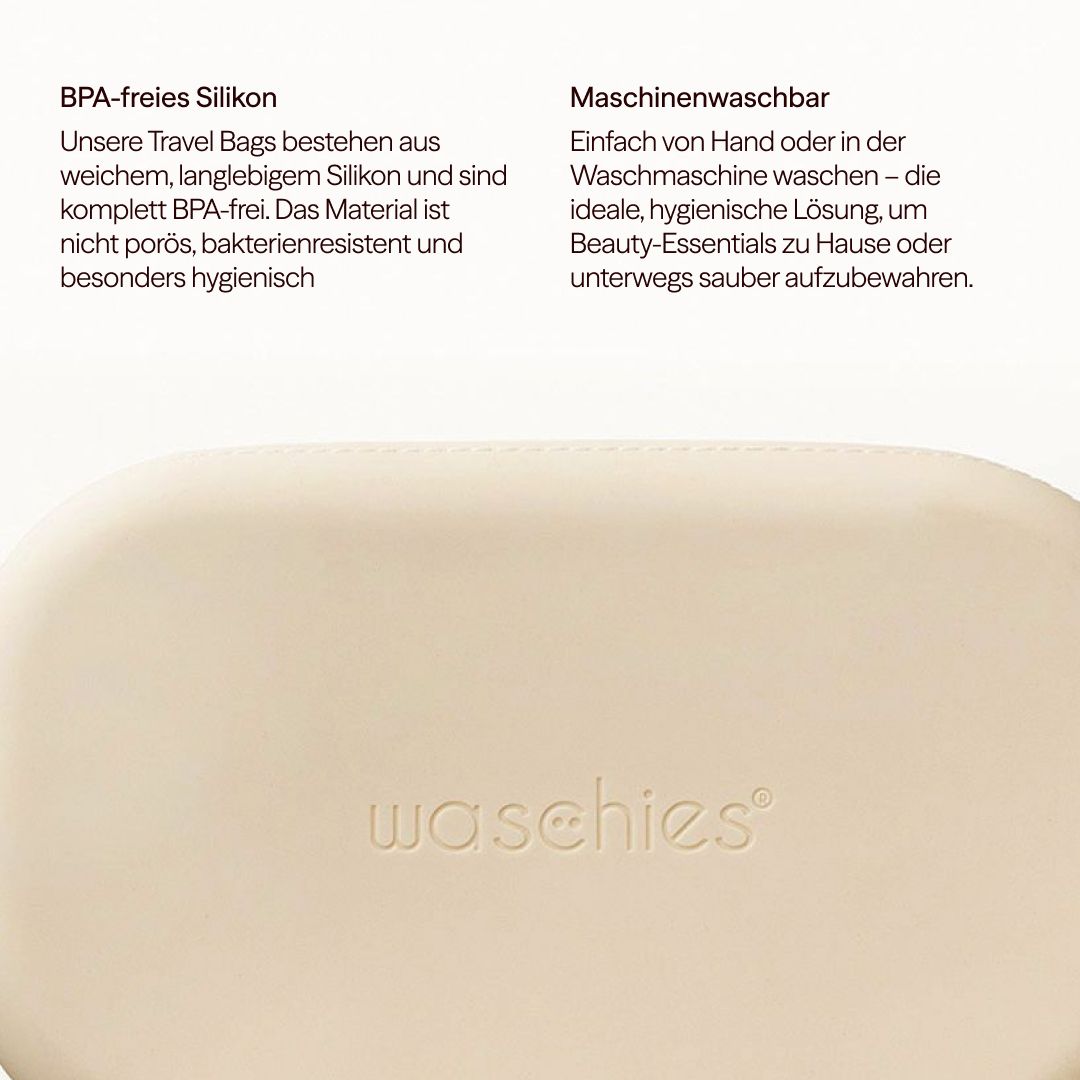 Beige Travel Bag aus Silikon. Waschies-Logo. Text: BPA-freies Silikon, maschinenwaschbar.