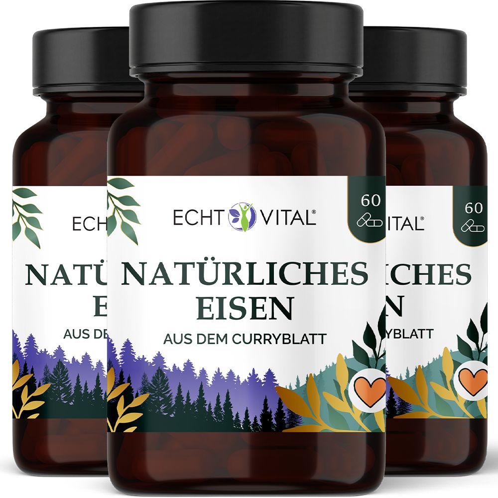 Drei Flaschen Echt Vital Natürliches Eisen, 60 Kapseln pro Flasche, mit Curryblatt-Extrakt.