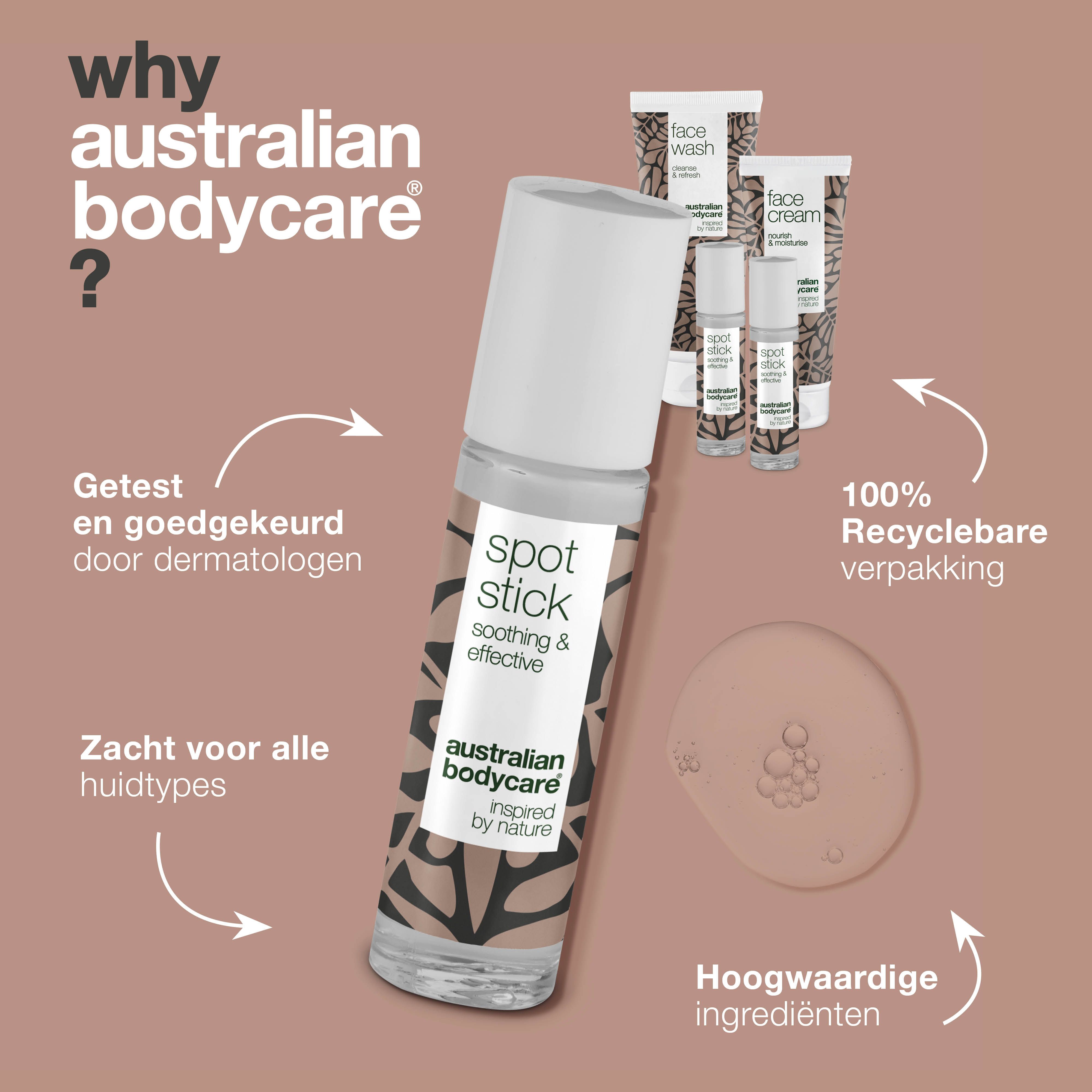 Spot Stick-flesje met witte dop. Tekst: soothing & effective. Achtergrond: productillustraties.