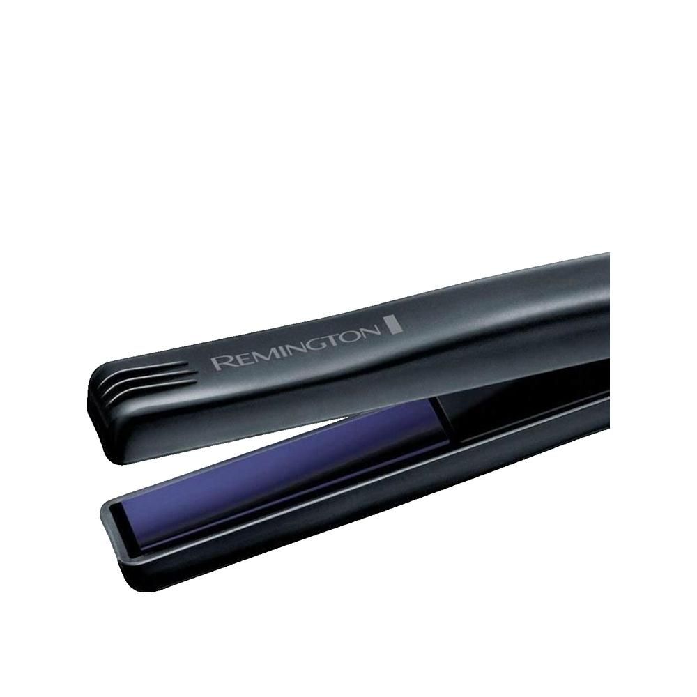 Nahaufnahme eines schwarzen Glätteisens. Marke Remington ist sichtbar. Geöffnet, mit blauen Heizplatten.