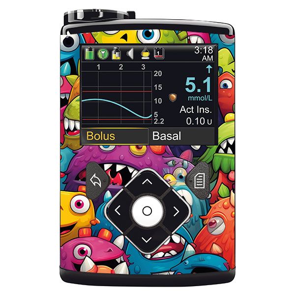 Gerät mit Monster-Mania-Design. Schwarzer Rahmen, Display mit Datenanzeige. Steuerungselemente und farbenfrohe Monster-Illustrationen.