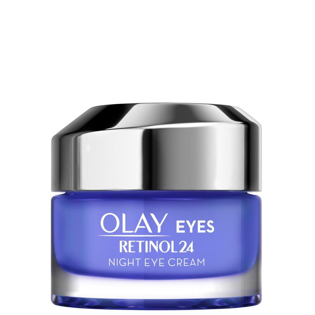 Blaues Cremeglas mit silbernem Deckel. Aufschrift: Olay Eyes Retinol 24 Night Eye Cream.