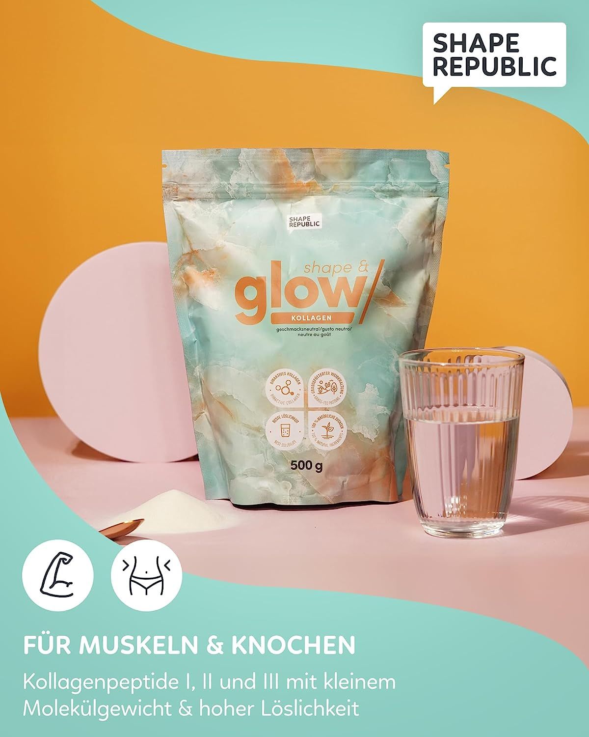 Shape & Glow Kollagen Pulver Kollagenpeptide Typ I, II & III 500 g