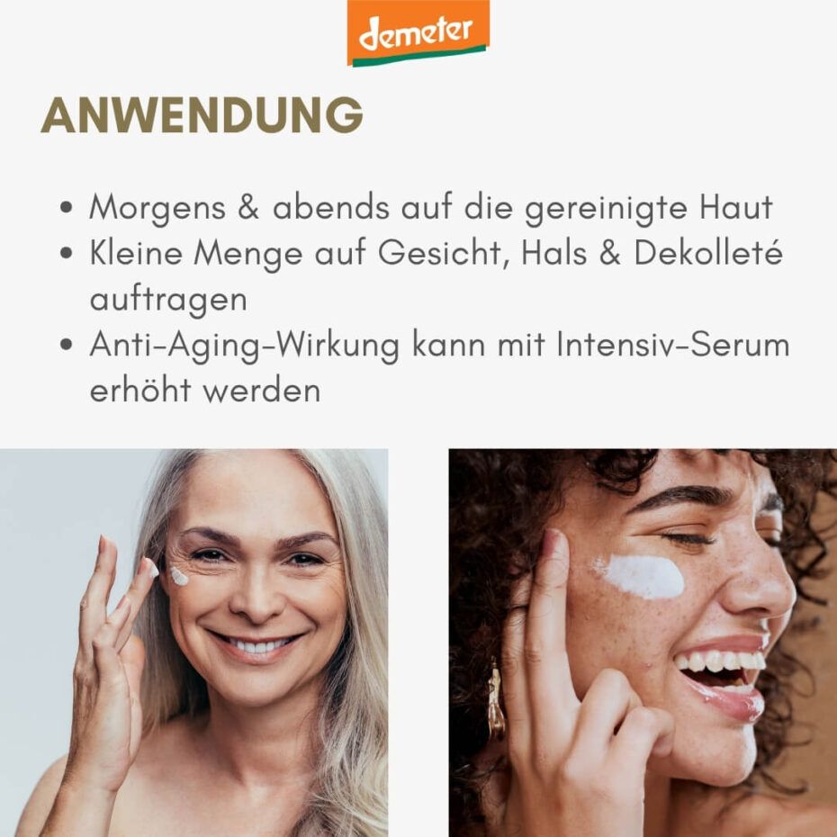 Anwendungshinweise. Zwei Frauen tragen Creme auf. Demeter-Logo.