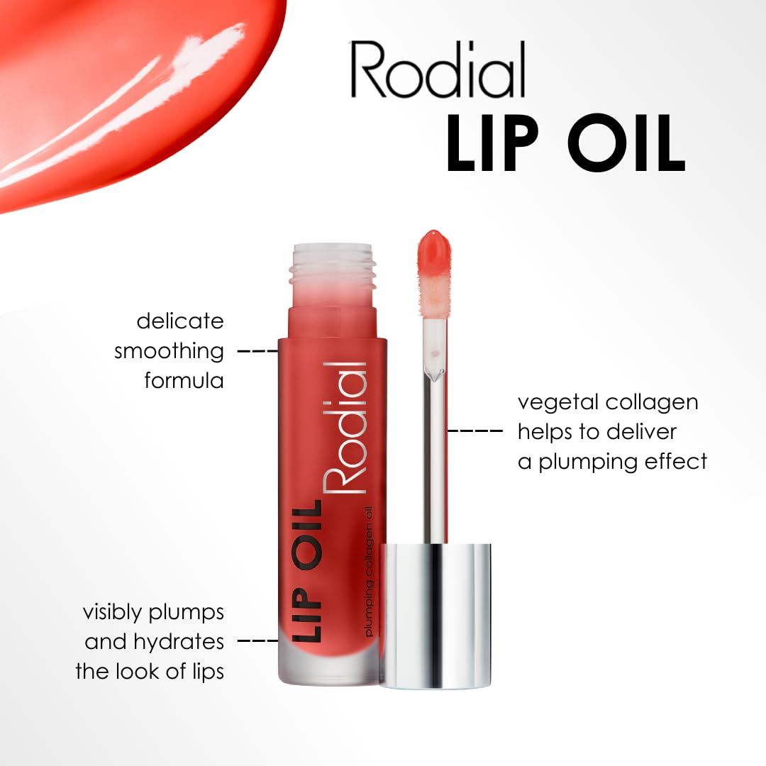 Lippenöl-Flakon mit Applikator. Aufschrift: LIP OIL, Rodial. Text-Hinweise: delicate smoothing formula, vegetal collagen.