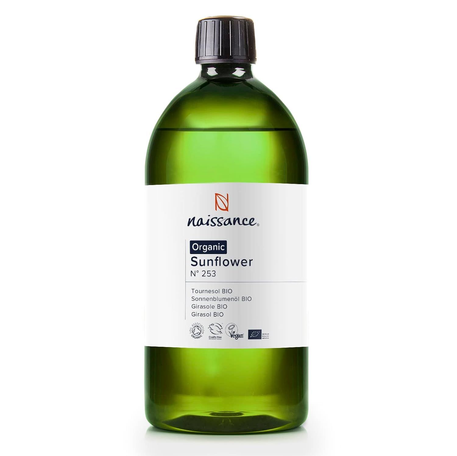 Grüne Flasche mit Sonnenblumenöl-Etikett. Aufschrift: Naissance, Organic Sunflower, Bio-Zertifizierungen.