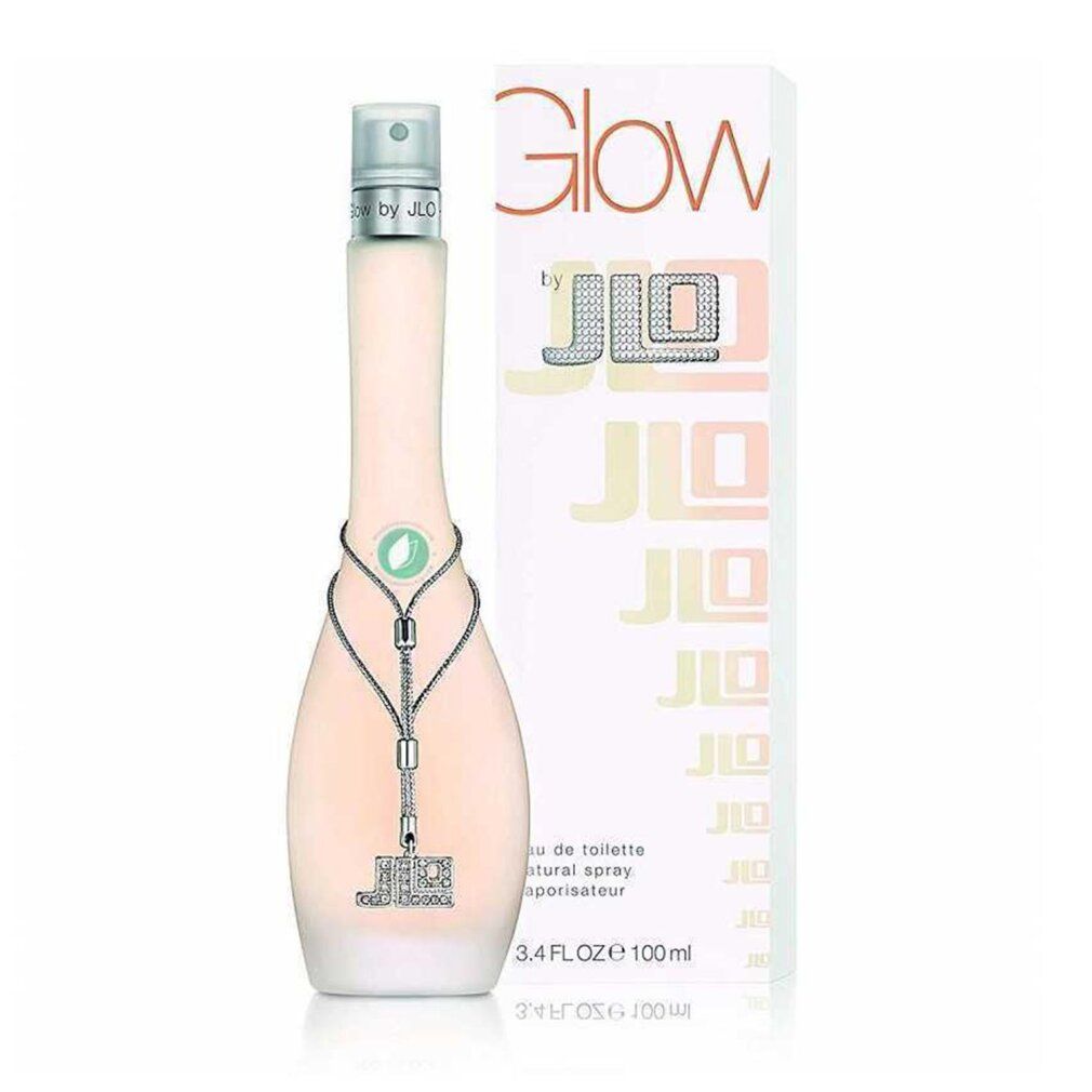 Parfümflakon und Verpackung. Flakon länglich, mattiertes Glas, silberfarbener Verschluss, Kette. Verpackung mit Logo Glow by JLo.