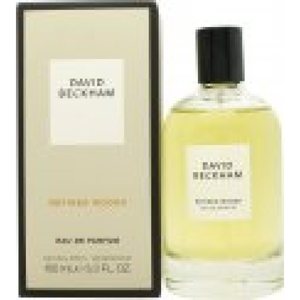 Parfümflasche und Verpackung. Aufkleber mit "DAVID BECKHAM REFINED WOODS EAU DE PARFUM". Flasche und Box aus Glas und Pappe.