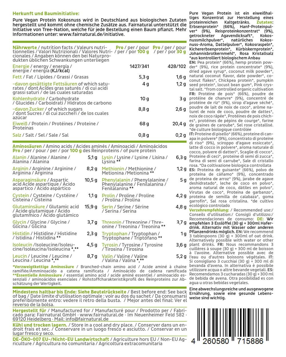 Rückseite der FAIRNATURAL Bio Vegan Protein Verpackung mit Nährwertangaben und Zutatenliste.