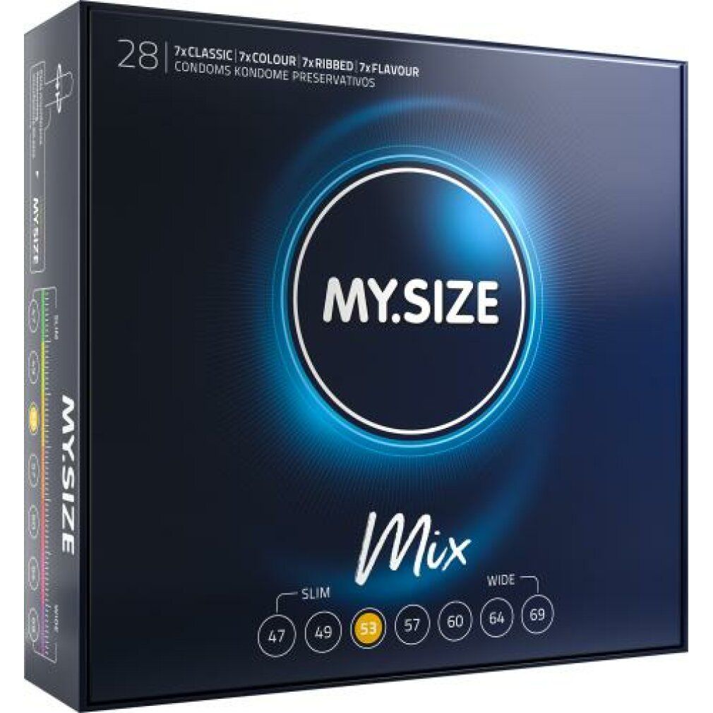 MY.SIZE Mix Kondome 53mm: 28 Stück, 4 Varianten. Paar küsst sich.
