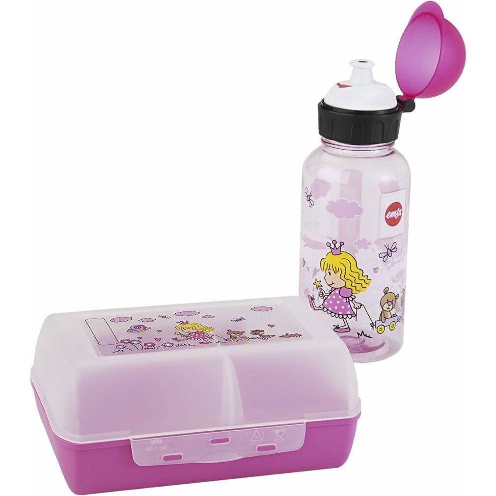 Trinkflasche und Brotdose. Rosa mit Prinzessin-Motiv. Marke EMSA. Deckel der Flasche geöffnet.