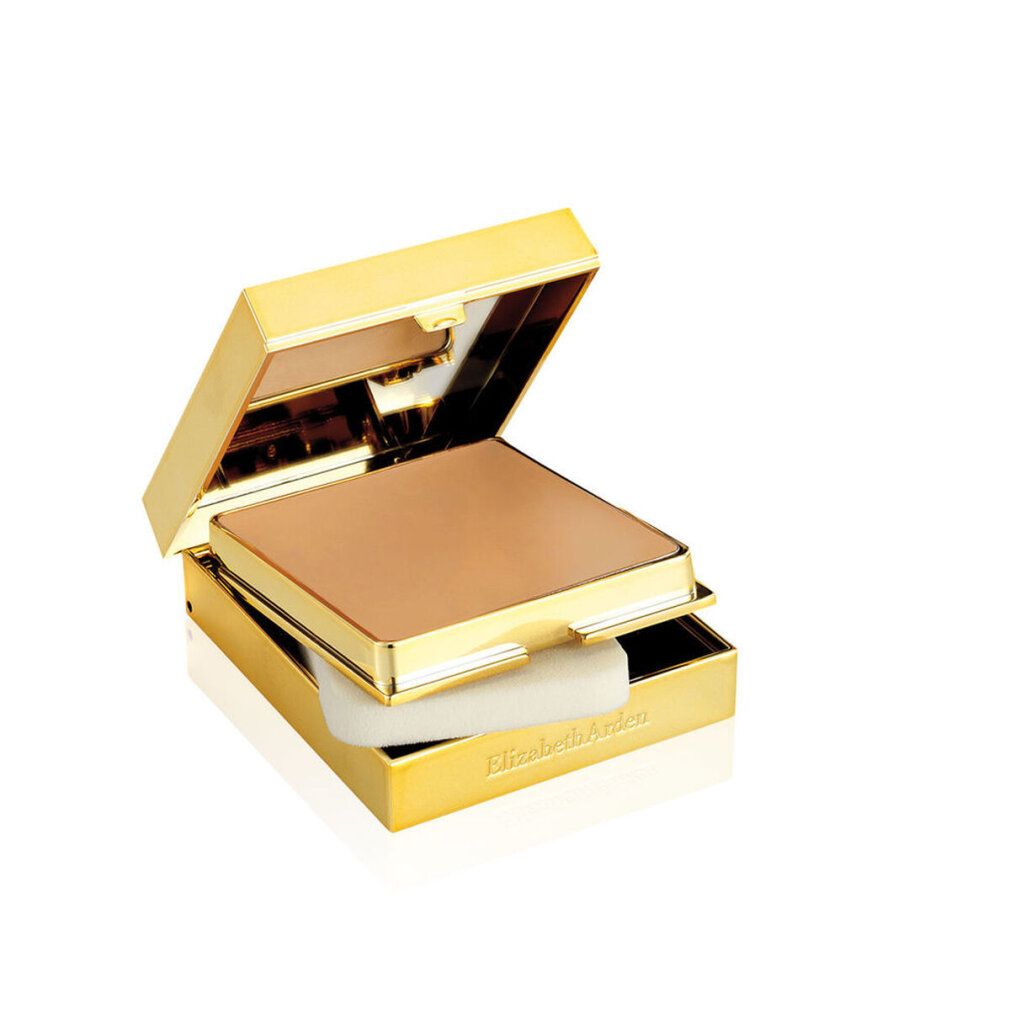 Goldfarbene Foundation-Verpackung, geöffnet. Foundation und Schwamm. Elizabeth Arden.