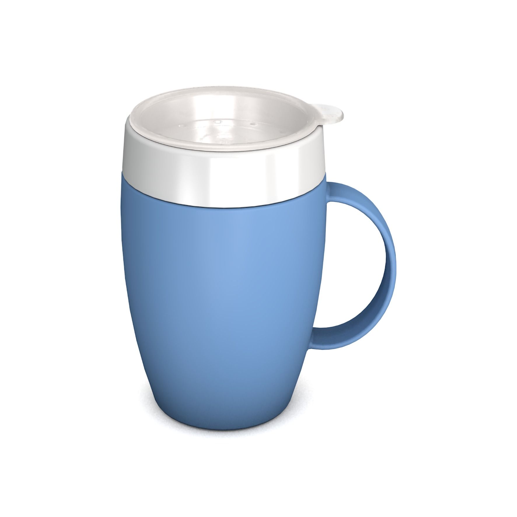 Blauer Becher mit weißem Deckel und Henkel. Der Deckel hat eine Trinköffnung. Der Becher ist zylindrisch.