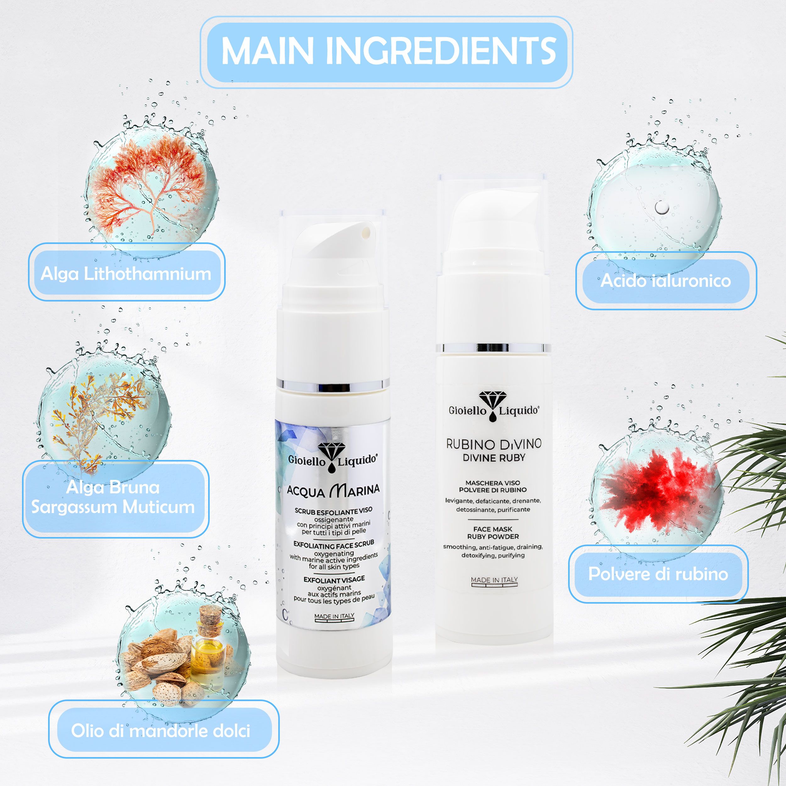 Due flaconi bianchi con maschera e scrub. Ingredienti: alghe, acido ialuronico, polvere di rubino, olio di mandorle. Testo: Gioiello Liquido.