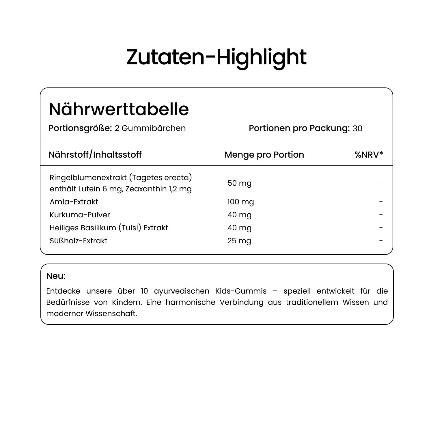 Nährwerttabelle mit Inhaltsstoffen. Ringelblumenextrakt, Amla-Extrakt, Kurkuma-Pulver. Portionen pro Packung: 30.