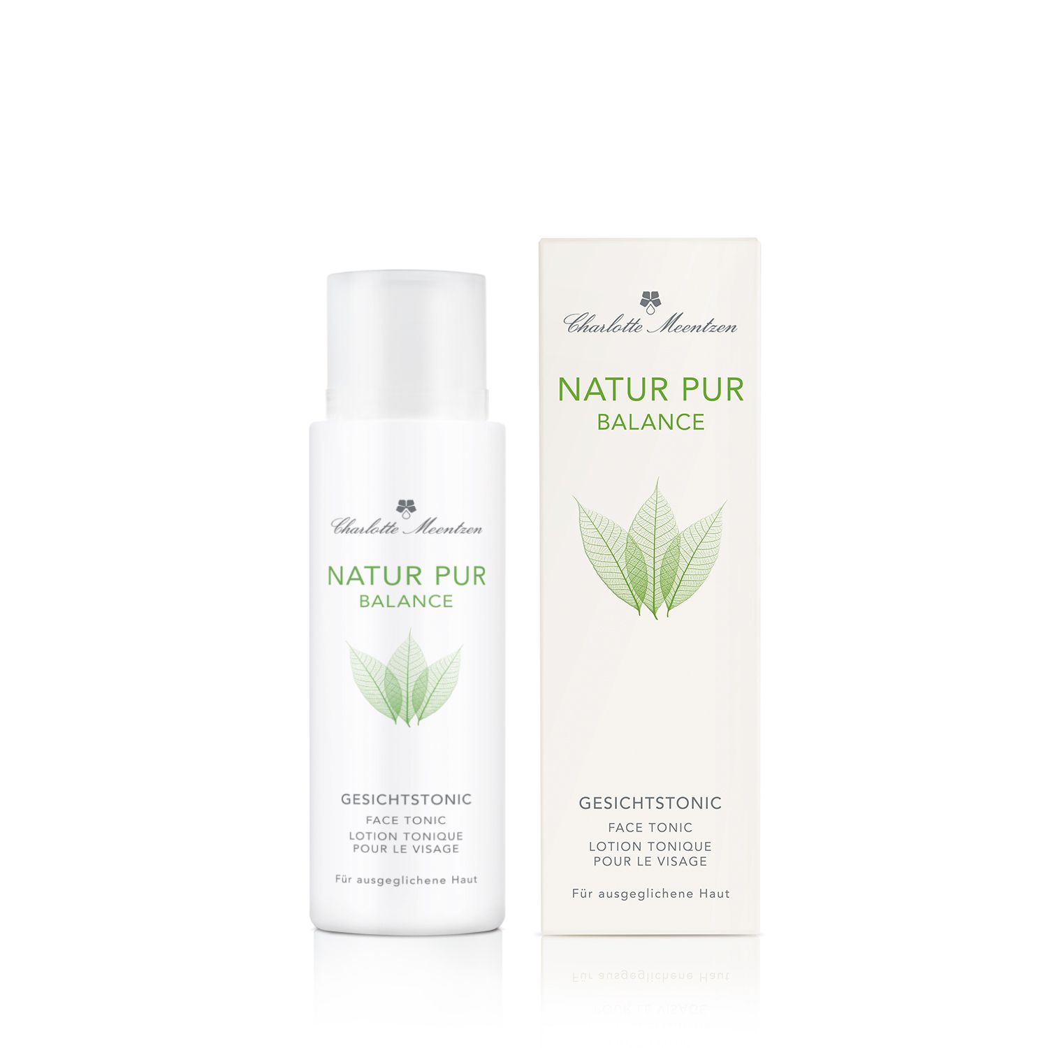 Flasche und Verpackung. Aufschrift: Natur Pur Balance, Gesichtstonic. Grünes Blattmotiv. Charlotte Meentzen Logo.