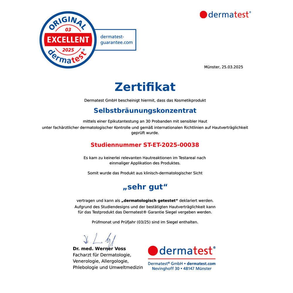 Zertifikat von Dermatest. Text: Sehr gut. Geprüft auf Hautverträglichkeit. Gültig bis 25.03.2025.